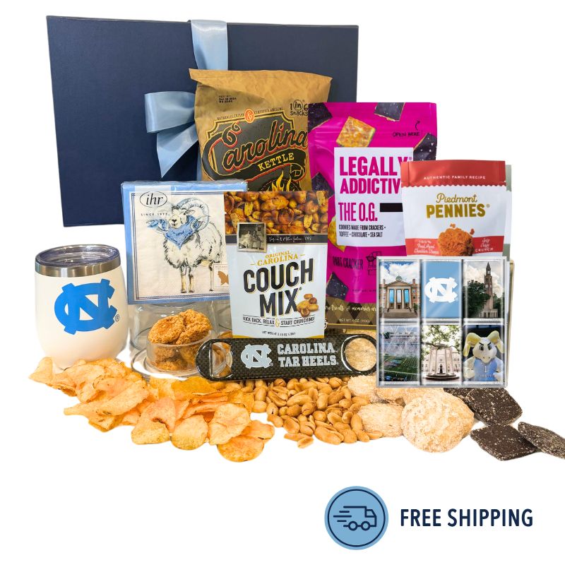 Tar Heel Sips and Snacks gift box featuring a UNC wine tumbler, UNC bottle opener, and North Carolina-made snacks, perfect for Tar Heel fans.