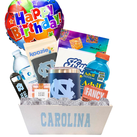 Carolina 21st birthday gift basket with made in North Carolina foods and drinks and licensed UNC Chapel Hill items
