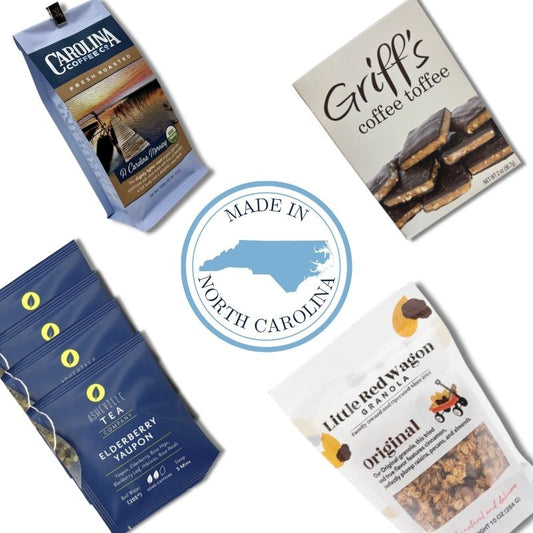 contents of gift box with coffee and tea that are made in NC and ship for free.