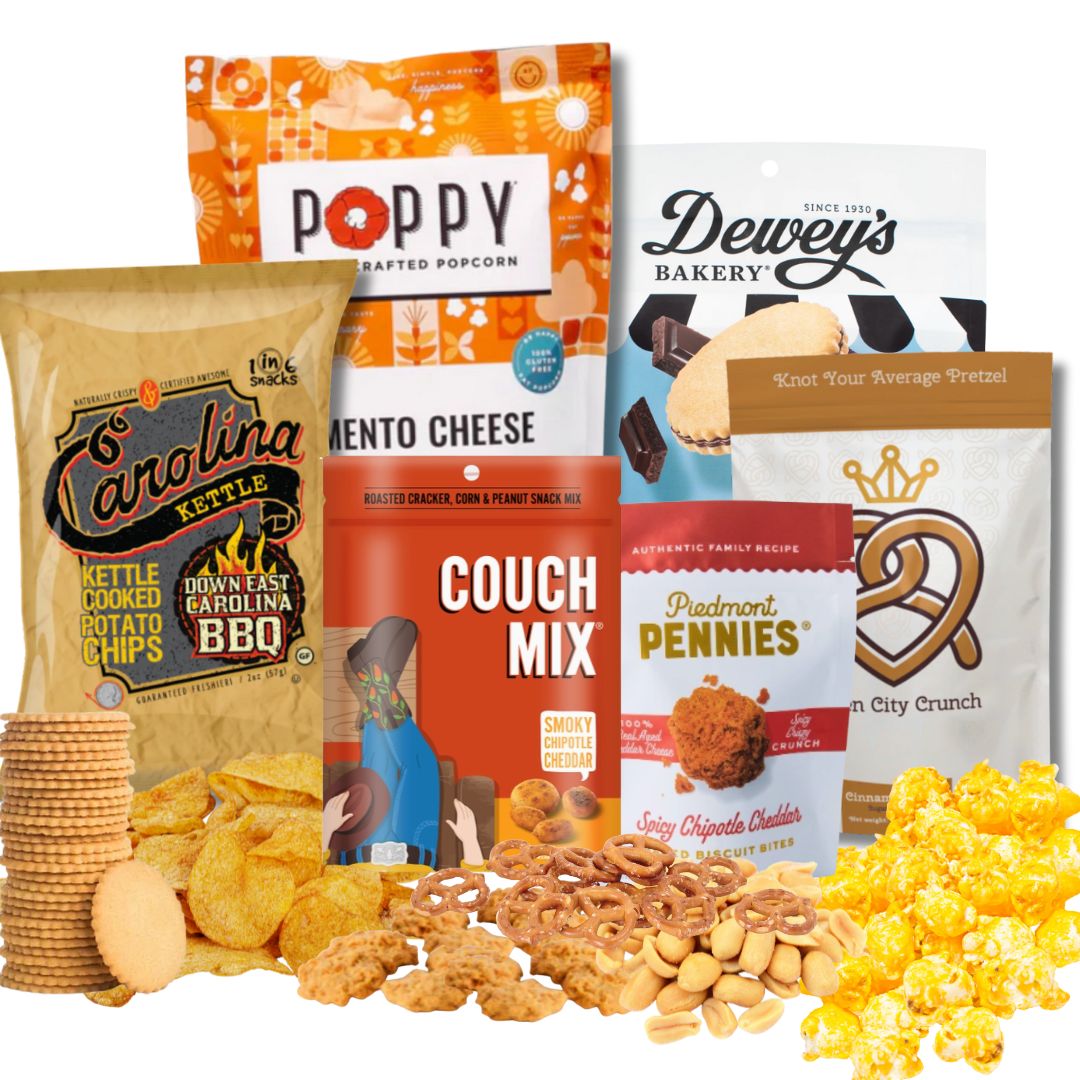 Display image of the Carolina Crafted Gift Basket with all North Carolina-made snack items arranged neatly, featuring loose popcorn, pretzels, and chips in front for a styled, appetizing look.