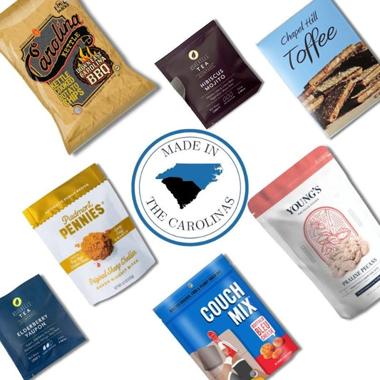 North Carolina gourmet gift box contents with Chapel Hill Toffee, caramels, and Carolina artisan treats