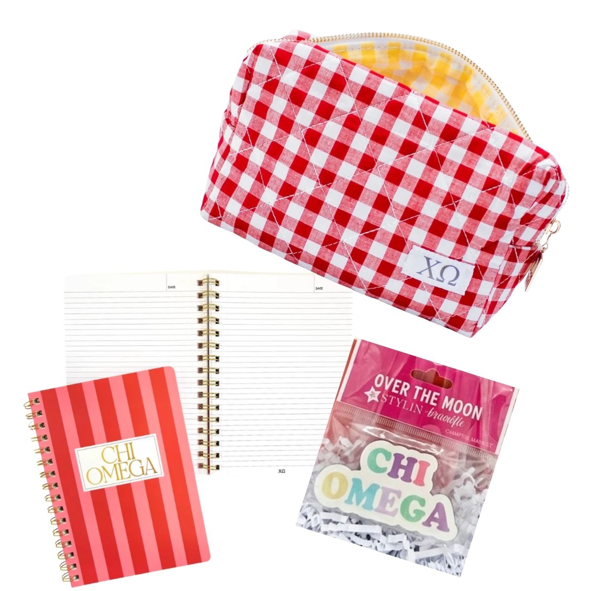 Chi Omega themed notebook, pouch, and decorative items on a white background