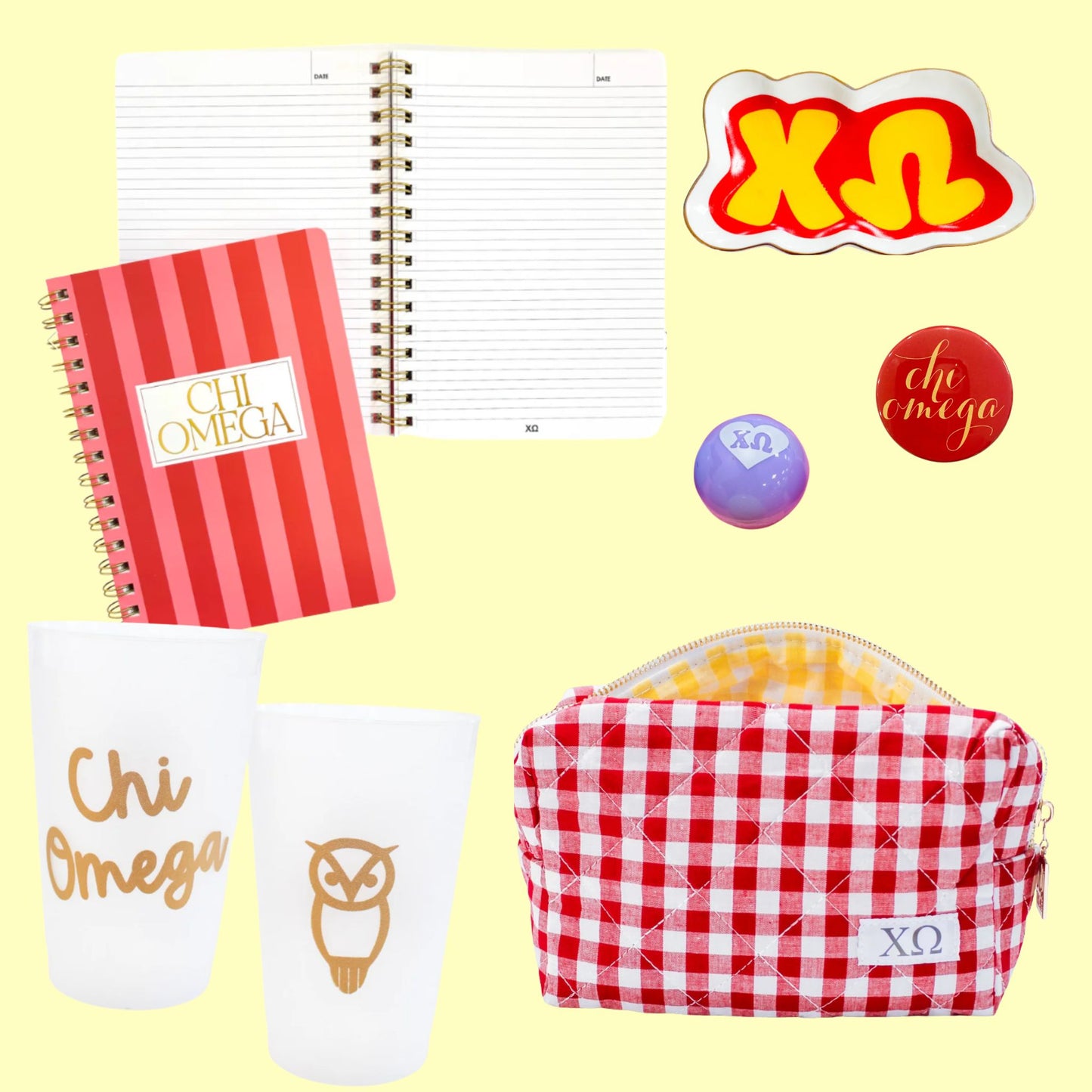 Collection of Chi Omega branded items including a notebook, mug, pouch, and stickers on a yellow background for bid day, initiation, or big sis/lil sis