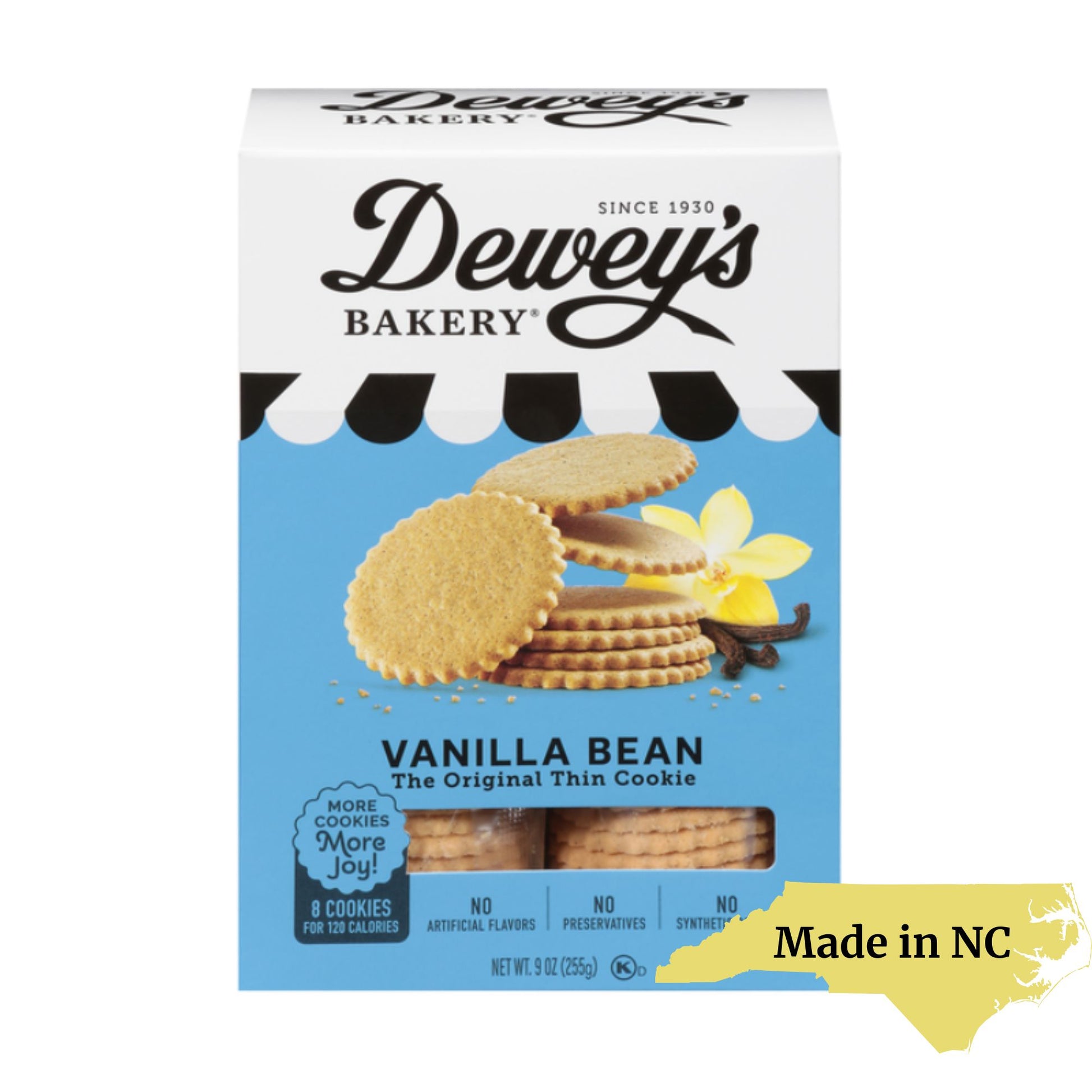 Dewey's Bakery Vanilla Bean Cookies from Winston-Salem, NC, featuring a silhouette of North Carolina with 'Made in NC' text, offering a delicious local treat.