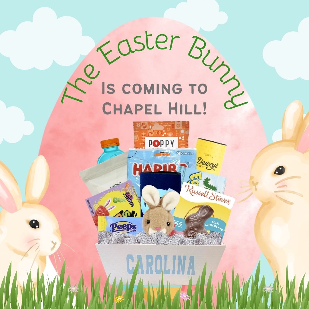 Promotional graphic for 'The Easter Bunny is Coming to Chapel Hill' with Easter-themed products and bunnies.