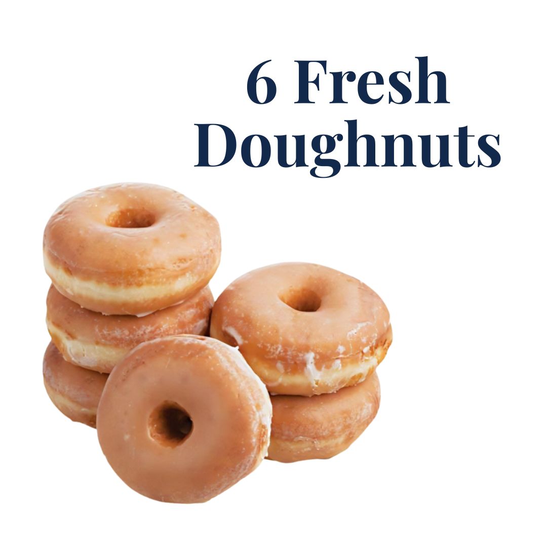 Stack of six glazed donuts with text '6 Fresh Doughnuts' on a white background