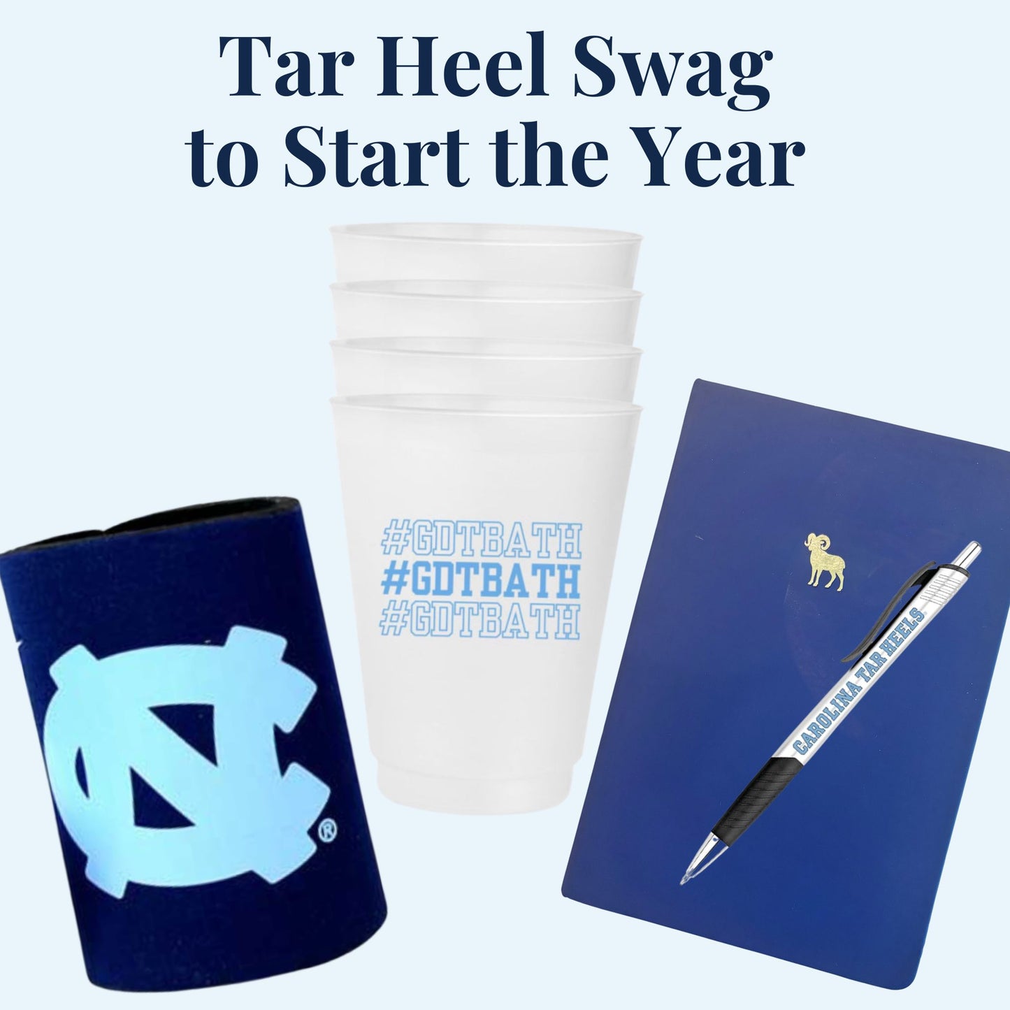 Collection of UNC-themed items including a can cooler, cup, notebook, and pen on a light blue background.