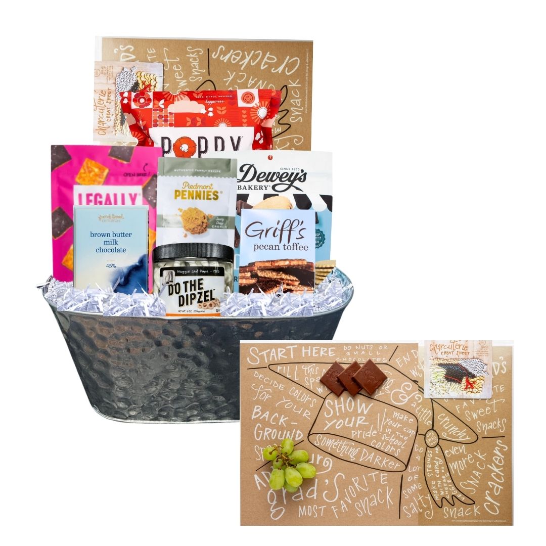 Graduation Charcuterie Gift Basket featuring NC-made gourmet snacks, a reusable charcuterie guide, and a hammered tin planter, perfect for celebrating Tar Heel grads.