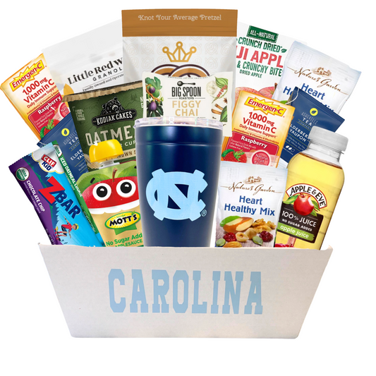 Gift basket for UNC student full of healthy snack options