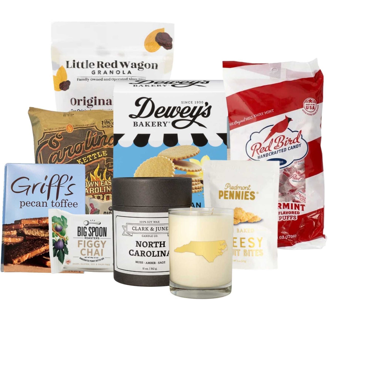 display of locally made products from North Carolina for gift bag for new home owners