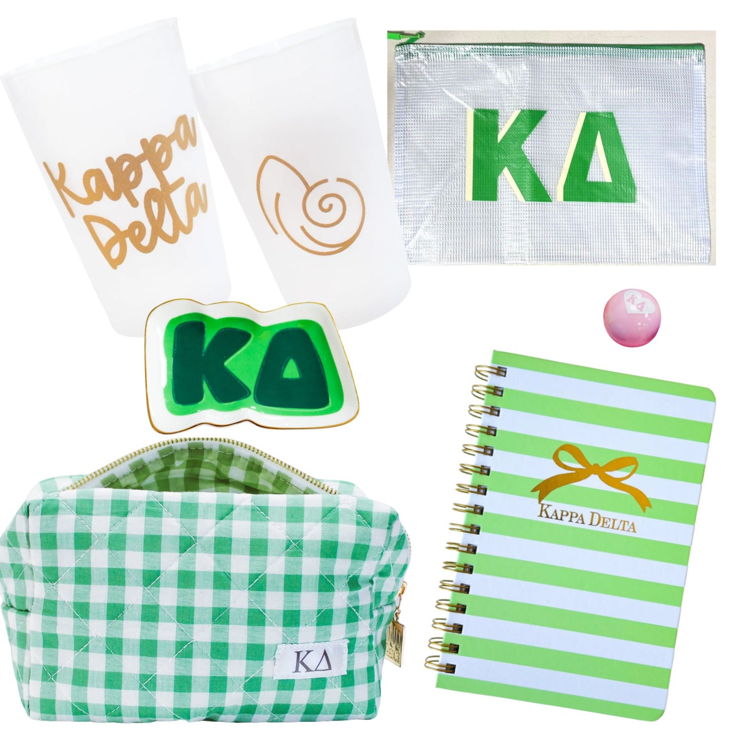 Collection of Kappa Delta themed items including a notebook, pouch, and stickers on a white background.