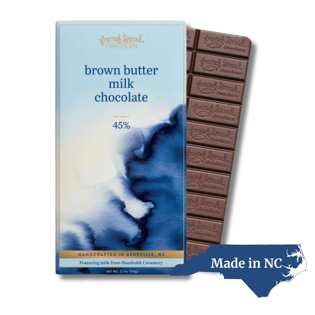 Brown butter milk chocolate by French Broad Chocolate which is made in Asheville North Carolina