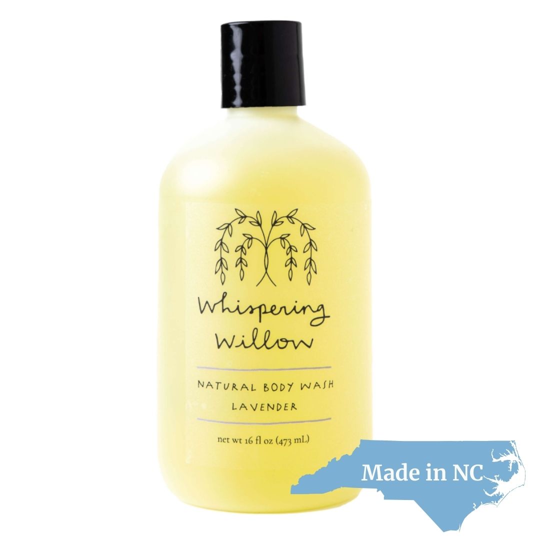 Whispering Willow Lavender Hand and Body Wash in a clear bottle with pump top and simple label, crafted with natural oils for gentle, calming cleansing