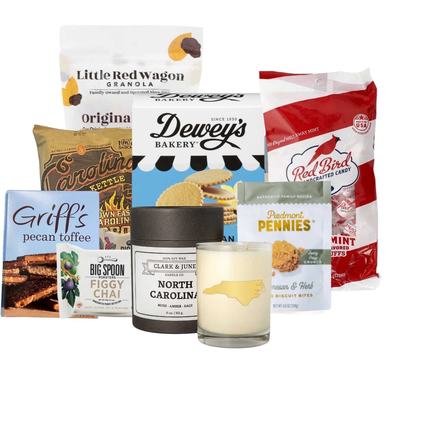 display of locally made products from North Carolina for gift bag for new home owners