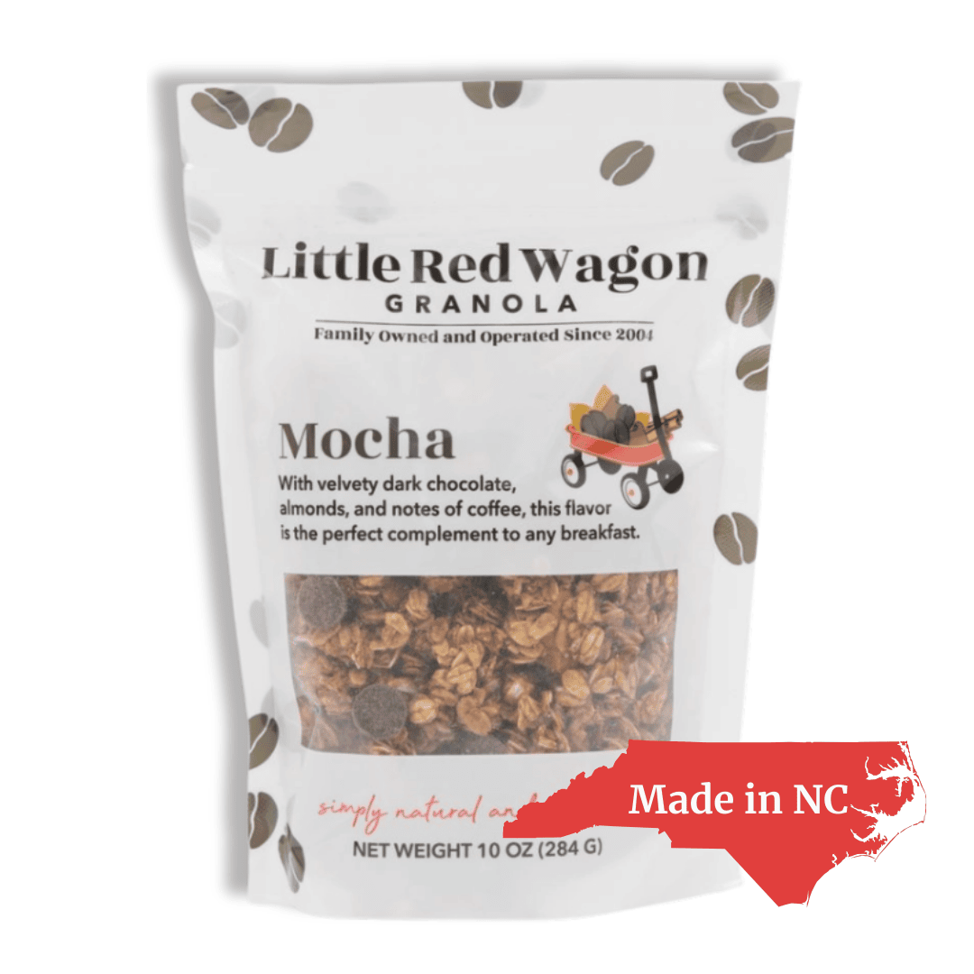 Little Red Wagon Mocha Granola in clear packaging with label, a handcrafted North Carolina-made snack featuring rich mocha flavor and wholesome ingredients