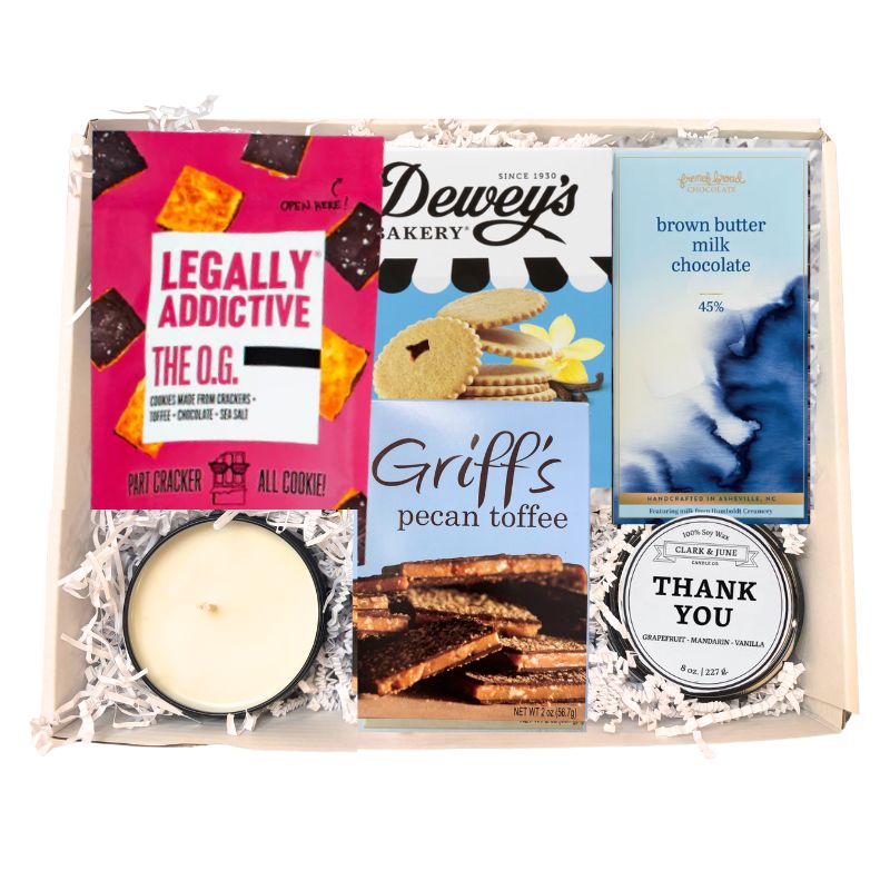 Luxury gift box full of North Carolina made sweet treats and a Thank you candle