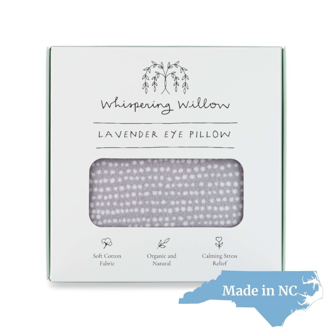 Whispering Willow Lavender Eye Pillow in soft cotton flannel, boxed with a window display and labeled for relaxation, aromatherapy, and stress relief
