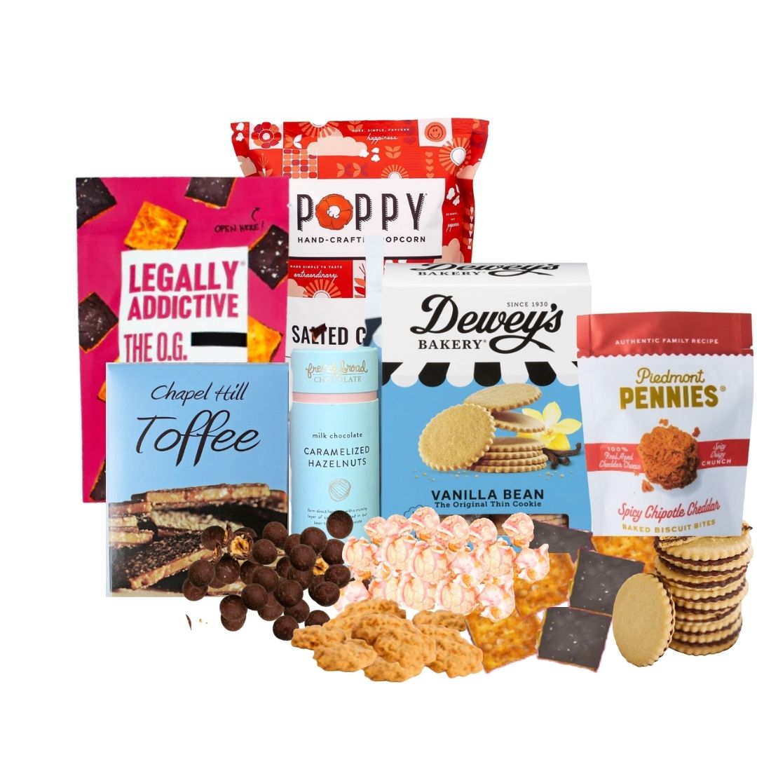 Assorted North Carolina-Made Snacks for Valentine’s Day – Poppy Cotton Candy Popcorn, Legally Addictive Cookies, Piedmont Pennies Biscuits, and French Broad Chocolate Hazelnuts.