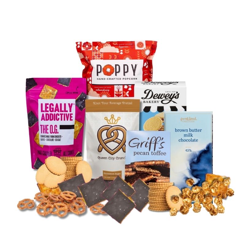 Luxury gift box with made in North Carolina gourmet foods and sweet indulgences, featuring all locally made in NC sweets for mothers day, easter, thinking of you, birthdays, and more.