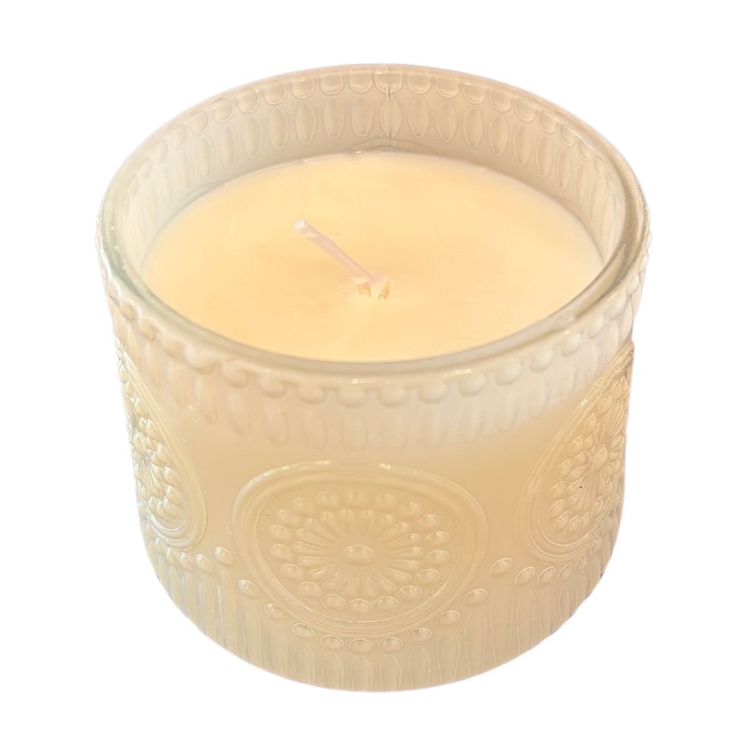 Unscented soy wax candle in a milky white glass jar with a modern geometric design, offering a clean, elegant look suitable for any home décor