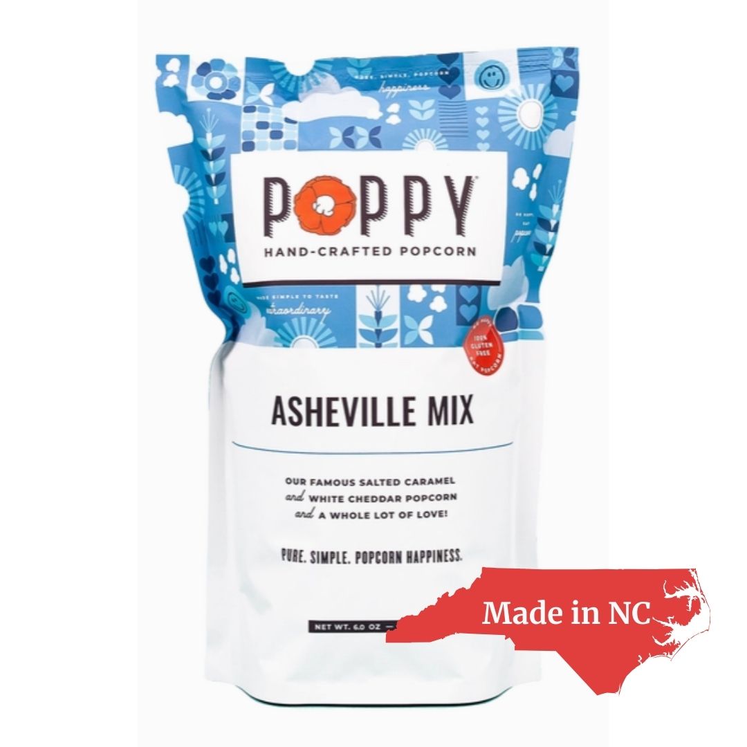 Poppy Handcrafted Popcorn Asheville Mix in branded packaging, a sweet and savory North Carolina-made snack featuring caramel and white cheddar popcorn