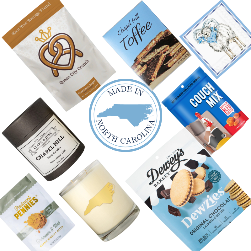flat lay of NC made specialty products that are included in a Chapel Hill gourmet food box