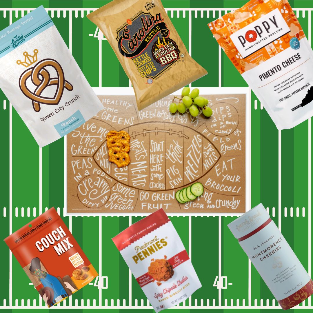 Tailgating gift basket full of made in North Carolina gourmet snacks and including a football charcuteries mat