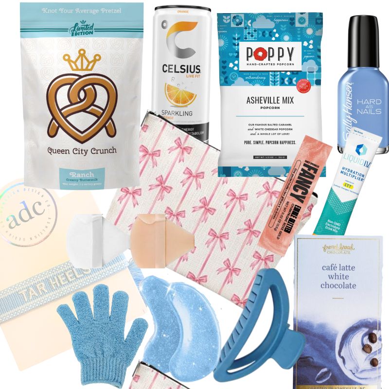 flat lay of items contained in UNC Chapel Hill gift for girls who like self care and pampering