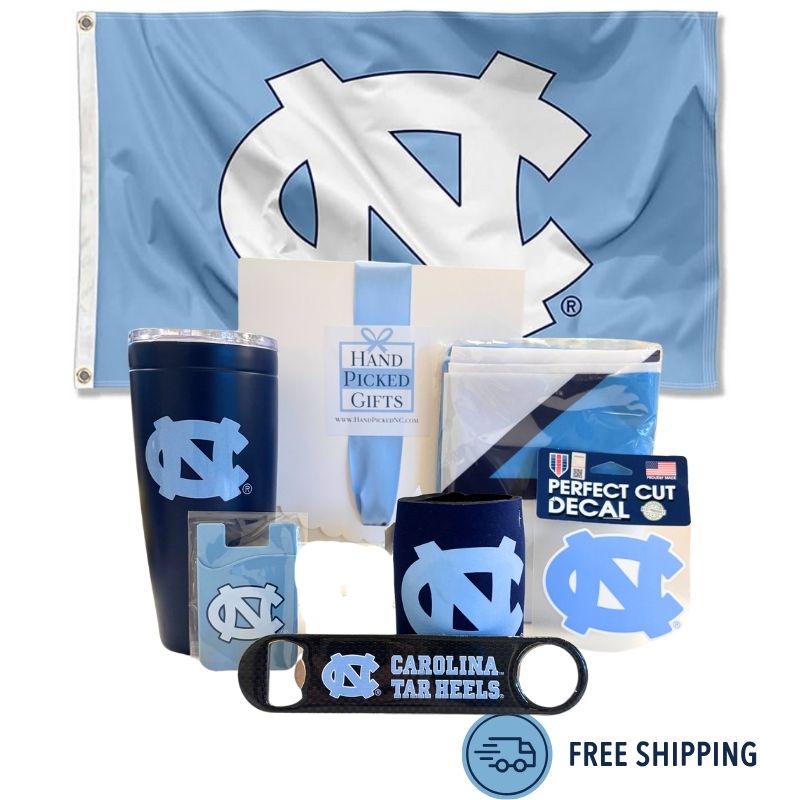 Welcome to UNC Gift Box featuring UNC-branded items including a flag, tumbler, stickers, and more, perfect for celebrating new students at UNC Chapel Hill.