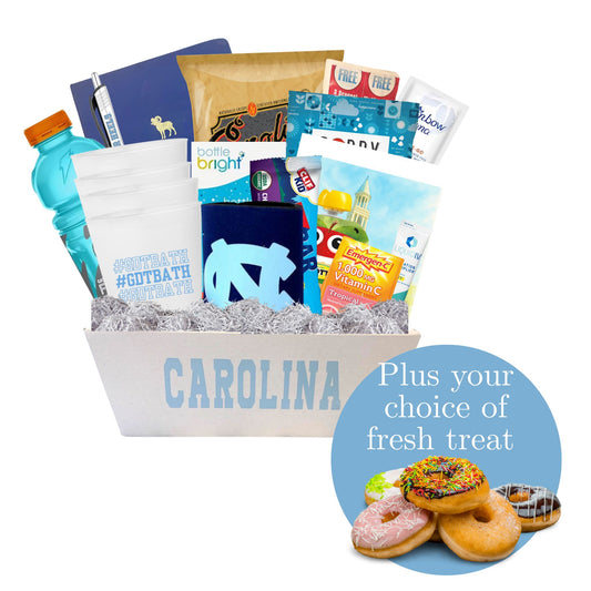 UNC chapel Hill Welcome back gift basket for delivery in Chapel Hill containing University of North Carolina licensed merchandise