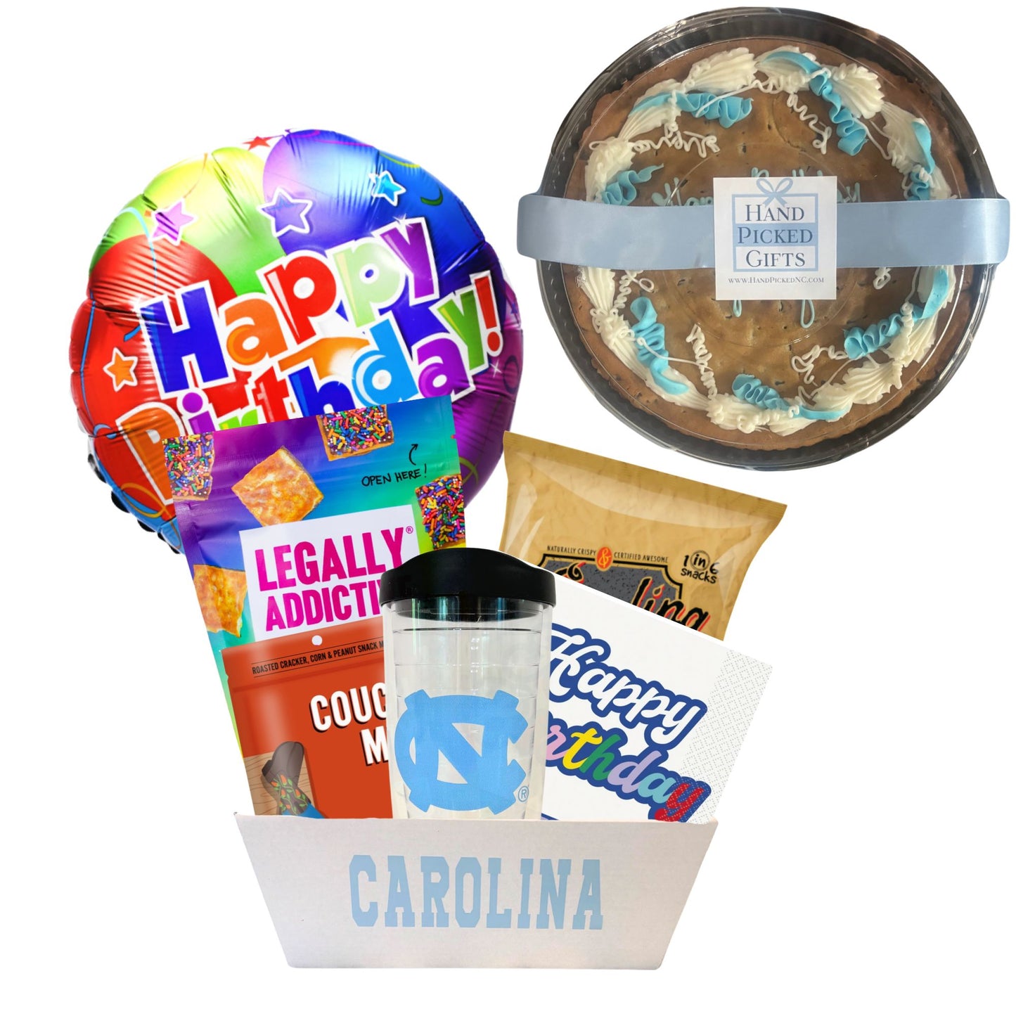 gift basket containing cookie cake, NC made Legally Addictive cookies, UNC stickers, UNC gummy candies, Carolina BBQ chips, and a UNC insulated cup to be delivered to UNC students at Chapel Hill.