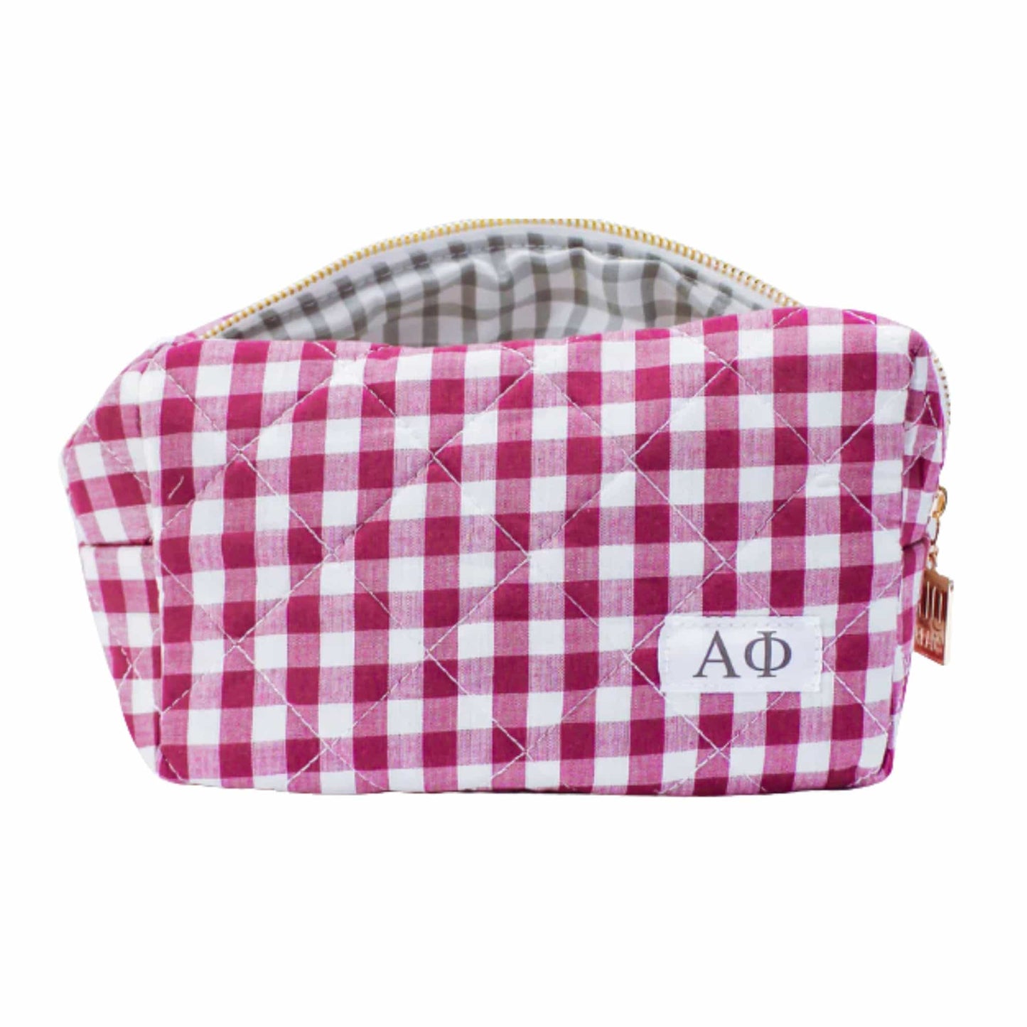 Alpha Phi gingham cosmetic bag for UNC Chapel Hill students and sorority gifts