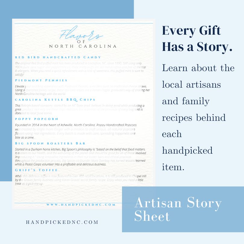 Image of the Artisan Story Sheet included with select gift baskets, highlighting the North Carolina small-batch makers and family-run businesses featured in the gift.