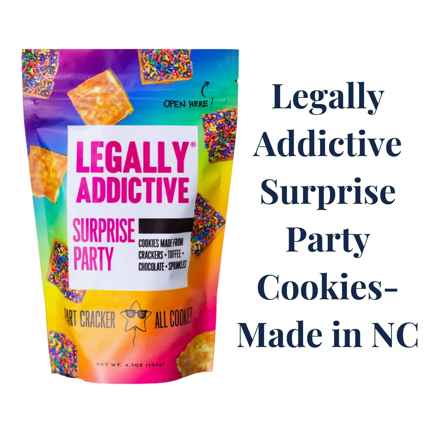 Colorful packaging of 'Legally Addictive' surprise party cookies with text on a white background