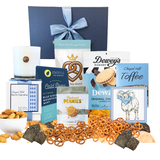 Chapel Hill gift basket with North Carolina artisan treats and UNC Tar Heels keepsake candle