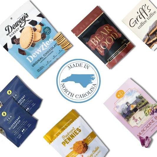 Custom corporate gift tote contents with North Carolina gourmet snacks and branded gift tag
