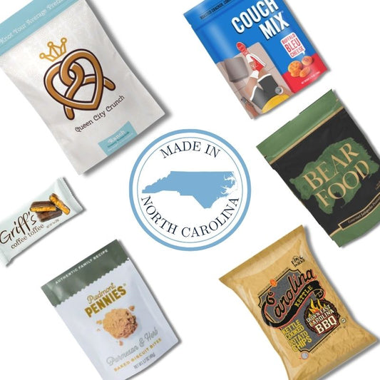 Flat lay of Carolina Sampler snacks surrounding a Made in the Carolinas emblem
