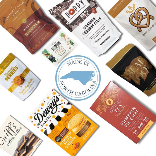 flat lay of north carolina made gourmet specialty products in fall gift basket
