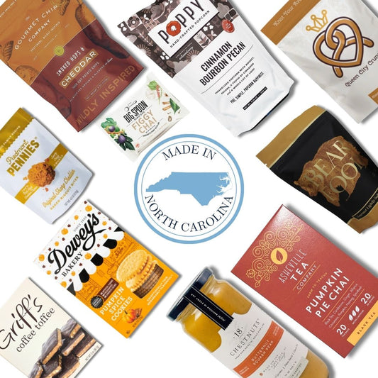 flat lay of north carolina made gourmet specialty products in fall gift basket