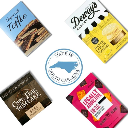 North Carolina sweet treats gift basket contents with artisan chocolate and gourmet gifts