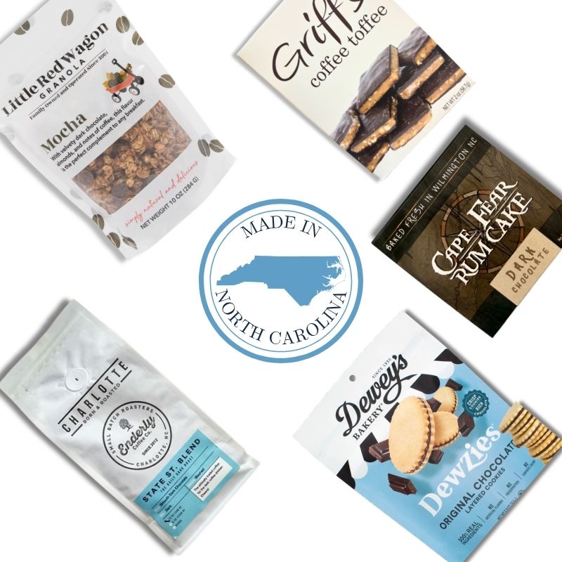 North Carolina gourmet coffee gift basket with artisan chocolate, toffee, and espresso beans
