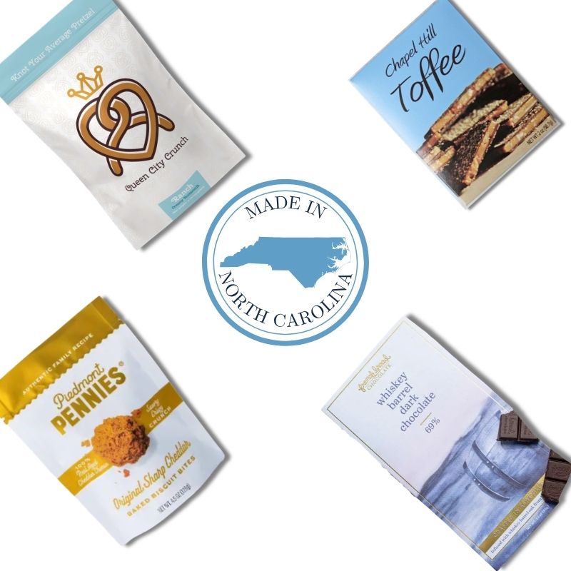 UNC gourmet snack box contents with North Carolina cookies, wafers, and Chapel Hill treats