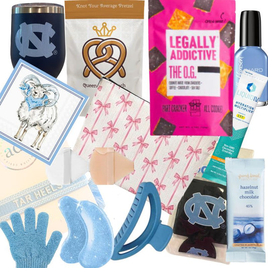 UNC self-care basket contents with Carolina Girl accessories, snacks, and Chapel Hill beauty essentials