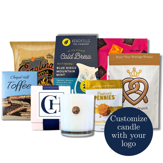 North Carolina corporate gift tote with locally made artisan treats and custom branding options