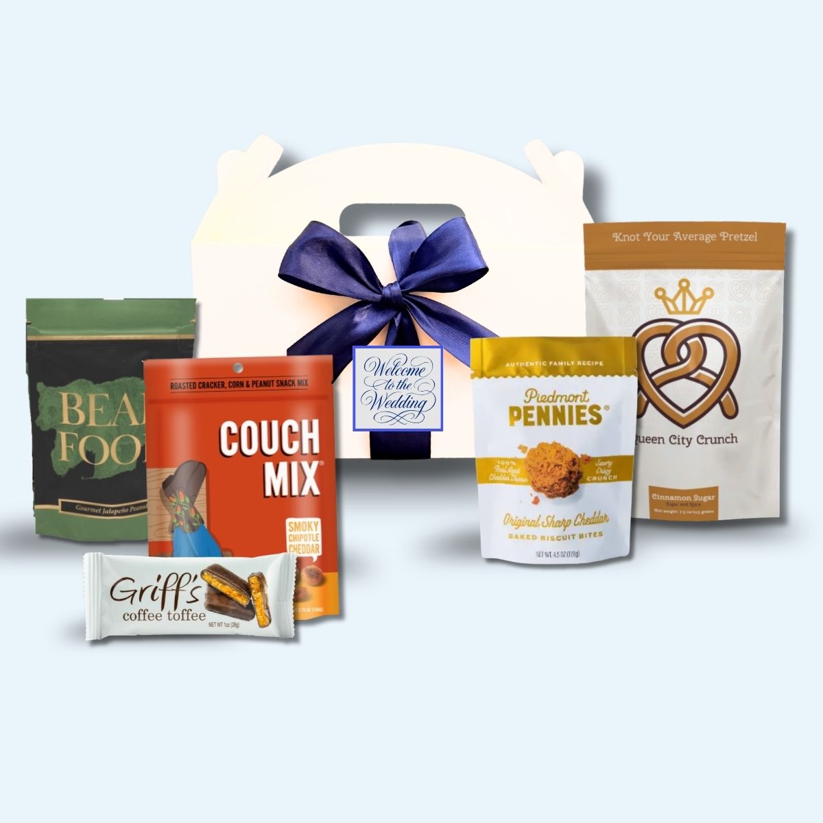 Custom monogram wedding welcome box with North Carolina foods and personalized message