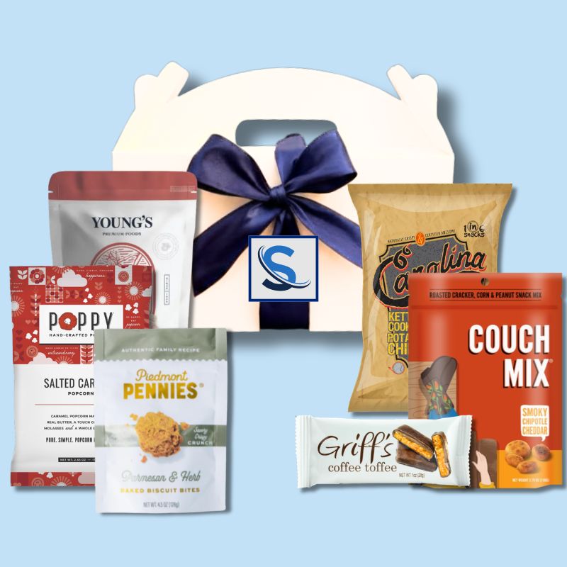 Custom logo Carolina specialty goods corporate event welcome box with personalized label and blue