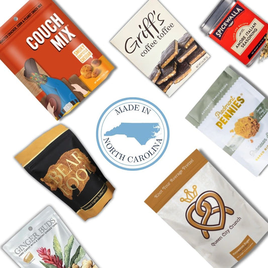 North Carolina gourmet gift basket contents with pimento popcorn, BBQ chips, and artisan treats