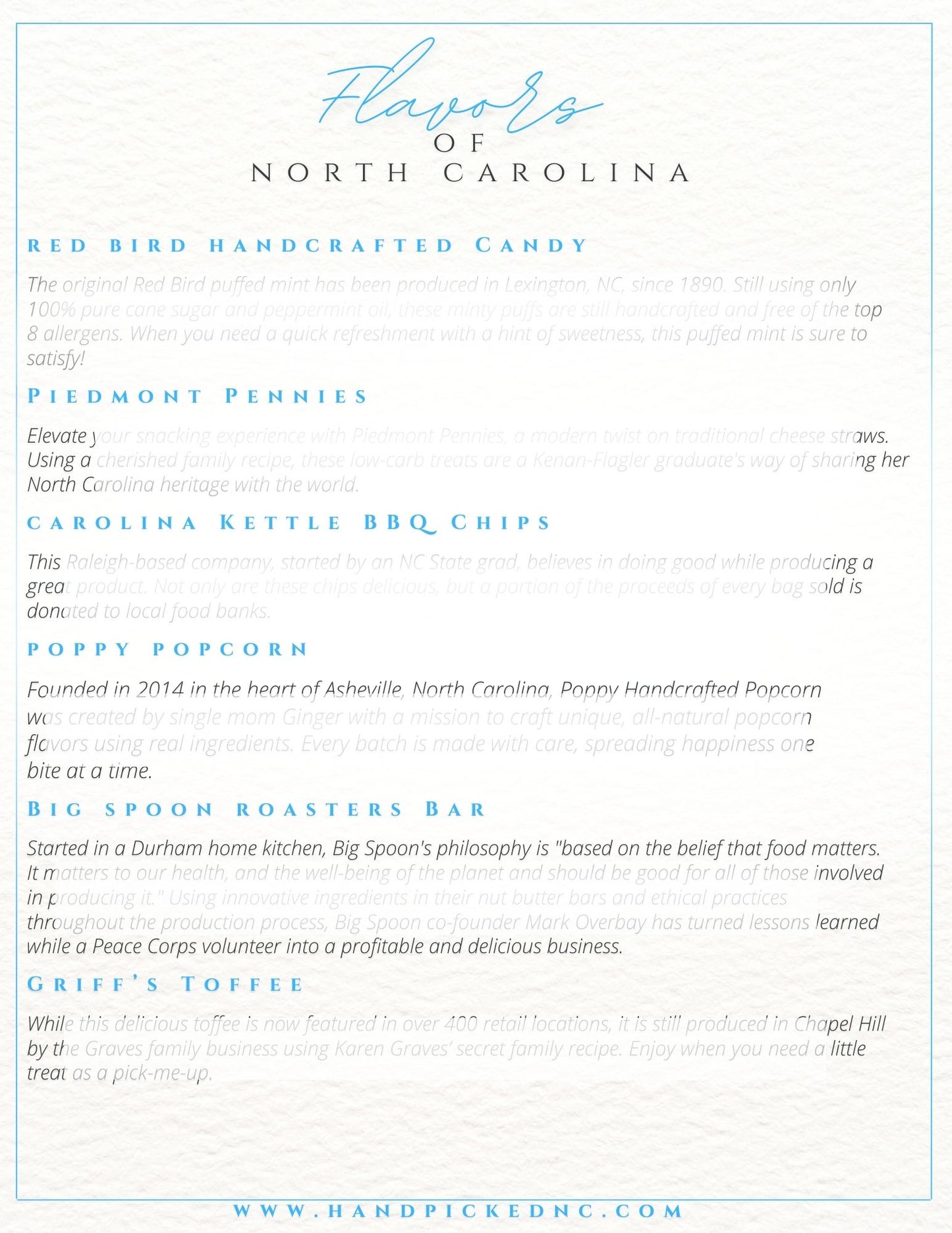 Artisan story sheet included in Handpicked Gifts boxes, highlighting North Carolina small businesses and the local makers behind each product
