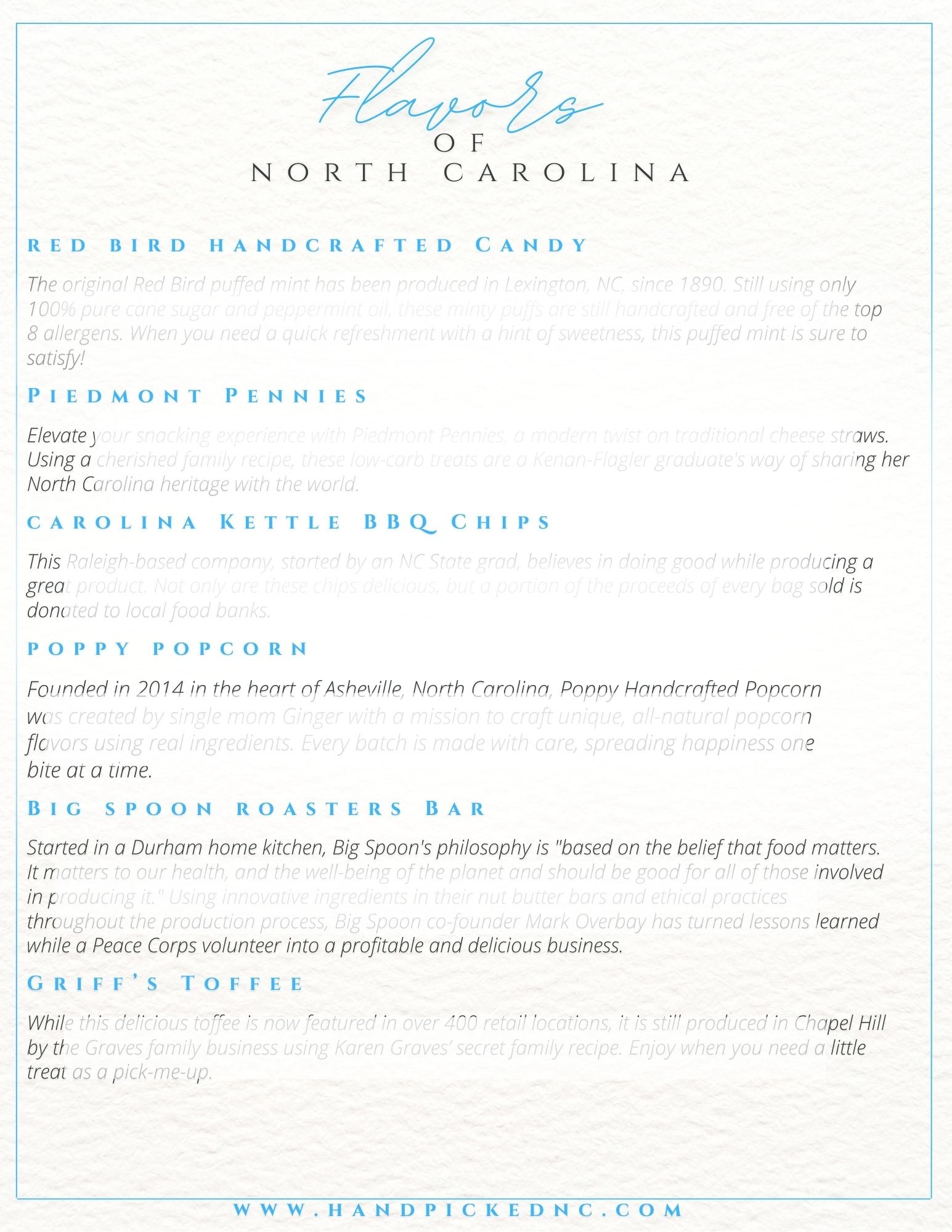 Artisan story sheet included in Handpicked Gifts boxes, highlighting North Carolina small businesses and the local makers behind each product