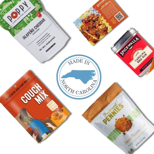 Spicy gourmet gift basket contents with jalapeno popcorn and North Carolina artisan treats for corporate clients